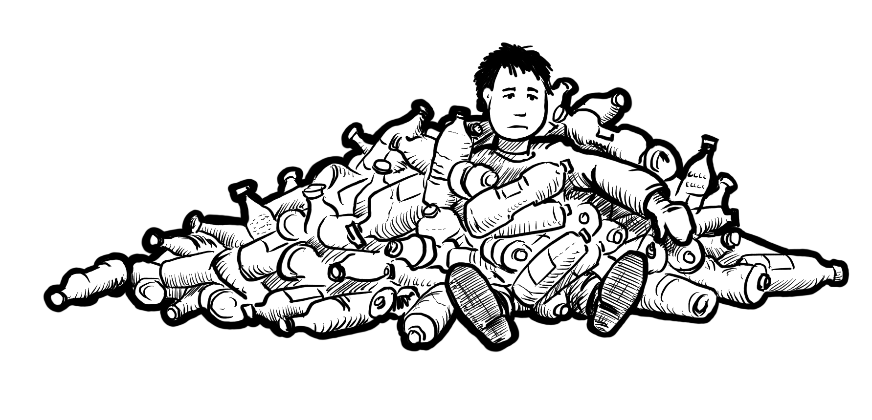 PET-Flaschen_web Illustration von einem Mensch in einem Einwegflaschenhaufen