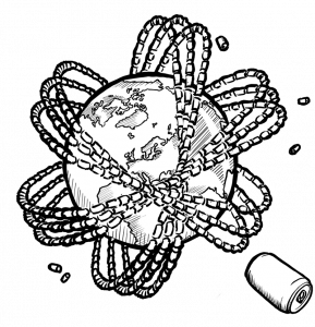 vzb_Welt-Dosen_Web_2026 Illustration der Erde, die von 9 Bahnen Getränkedosen umrundet wird