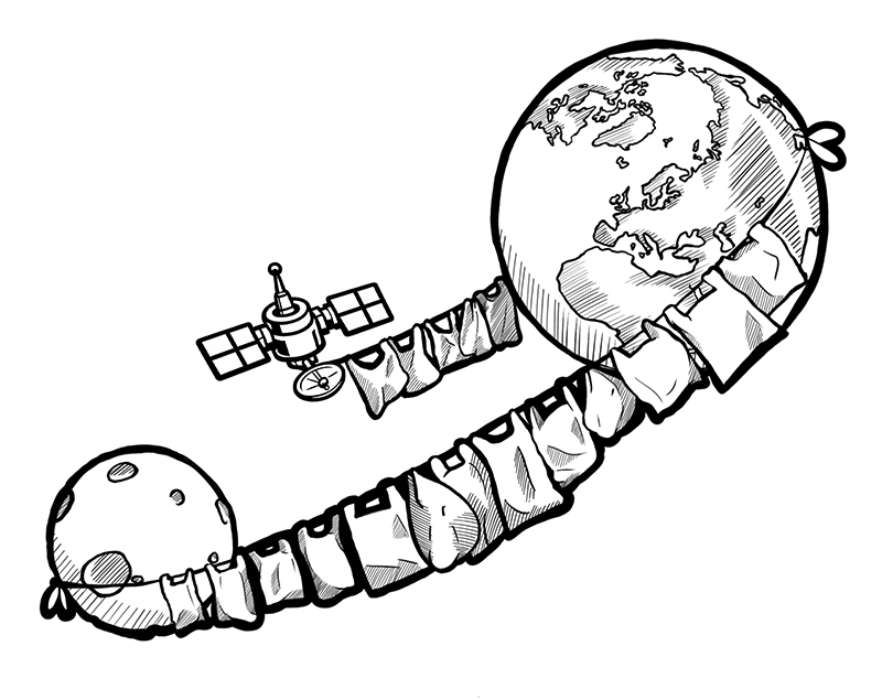 vzb_Welt-Tueten_Web_2026 Obstplatiktüten aneinandergereit zwischen Erde und Mond